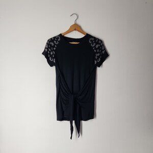 BEBE black dressy embellished sleeves knit top tie-front waist tee size M